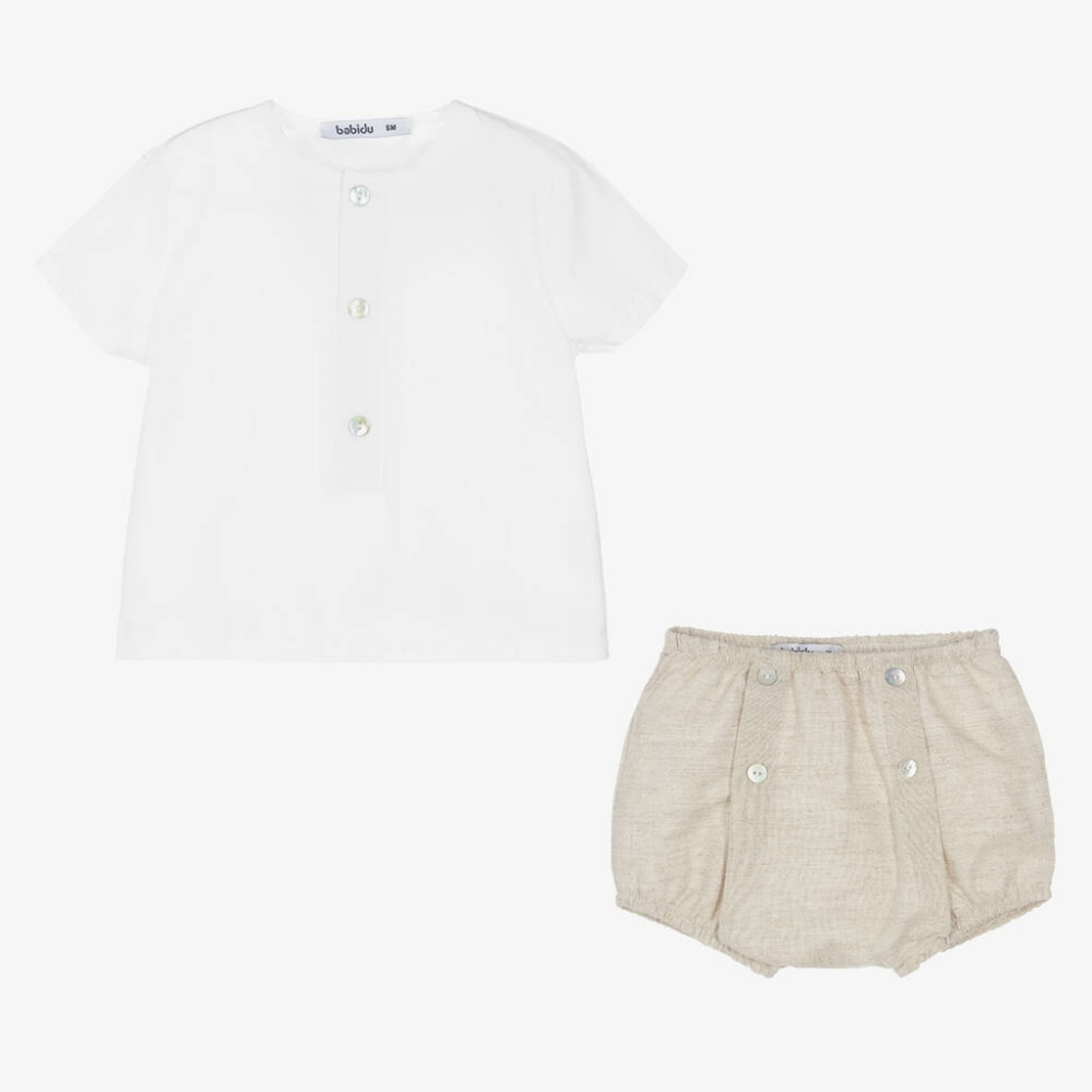 BabiduBoys Beige & White Cotton Shorts Set
